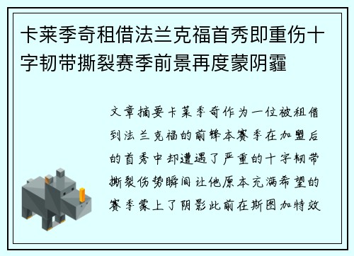 卡莱季奇租借法兰克福首秀即重伤十字韧带撕裂赛季前景再度蒙阴霾